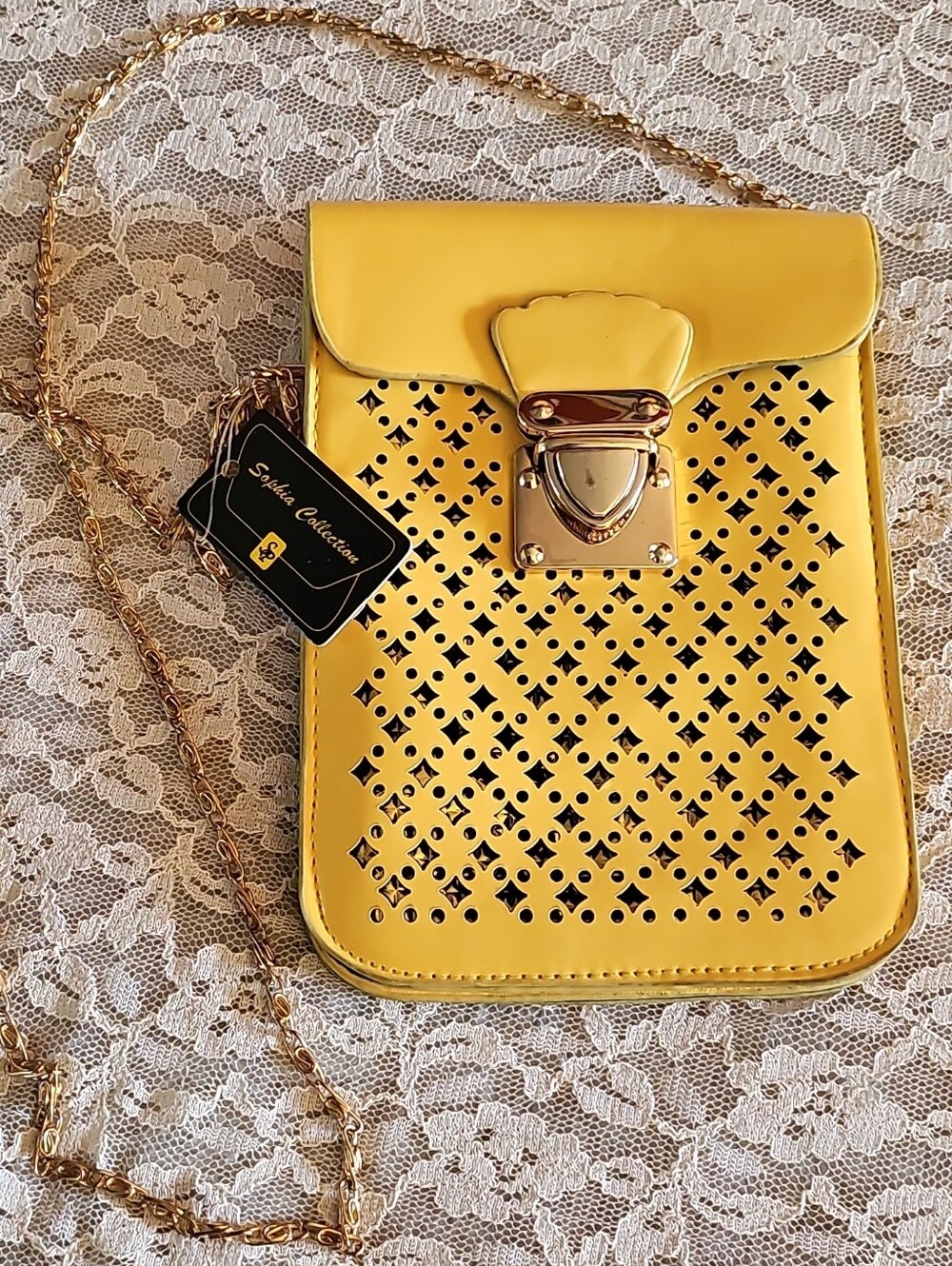 Yellow Laser-Cut Crossbody Bag with Gold Hardware